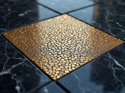 The primary subject of the image is a tile floor with a pattern of gold and black. The setting is a room with a black and white marble floor. The visual style is a photo of the floor, showcasing the intricate pattern of the tiles. The colors and mood of the image are predominantly black and gold, creating a luxurious and elegant atmosphere.