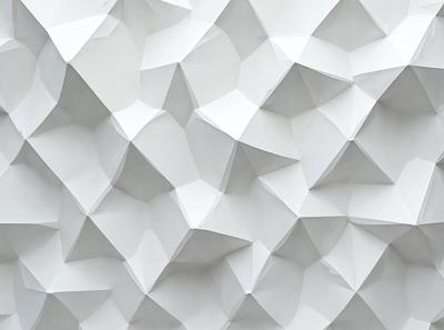 The primary subject of the image is a white wall with a pattern of white triangles. The setting is a room with a white background, and the visual style appears to be a digital art or illustration. The dominant colors are white, and the overall atmosphere is clean and minimalistic.