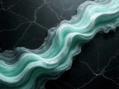 The primary subject of the image is a large, curved, and wavy piece of blue artwork. The setting is a dark background, which contrasts with the blue artwork. The visual style appears to be a combination of digital art and illustration, creating a unique and captivating piece. The dominant colors are blue and black, giving the artwork a striking and dramatic appearance.