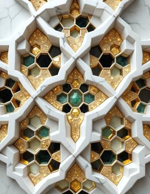 The primary subject of the image is a decorative design featuring a gold and white color scheme. The design is made up of hexagonal shapes, which are arranged in a pattern. The setting is a white marble surface, which serves as the background for the intricate pattern. The visual style of the image is a combination of digital art and illustration, creating a unique and eye-catching design. The colors and mood of the image are warm and inviting, with the gold and white tones evoking a sense of lux