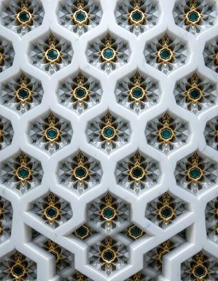 The primary subject of the image is a white and gold patterned wall with a geometric design. The setting is a room with a white marble surface. The visual style is a combination of digital art and illustration. The dominant colors are white and gold, creating a clean and elegant atmosphere.