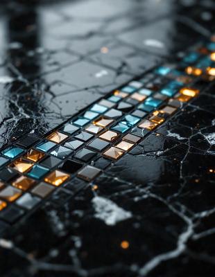 The primary subject of the image is a black and blue mosaic tile. The setting is a dark room with a black countertop. The visual style is a close-up of the tile, showcasing its intricate design. The colors and mood of the image are predominantly dark, with the blue and black tiles creating a striking contrast against the black countertop.
