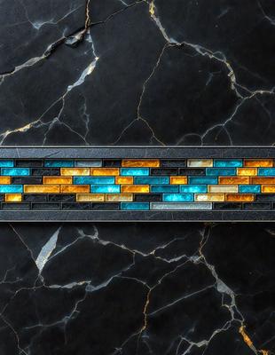 The primary subject of the image is a black and blue tile mosaic. The setting is a black marble countertop, and the visual style is a close-up of the tile mosaic. The colors and mood of the image are predominantly black and blue, creating a modern and sophisticated atmosphere.