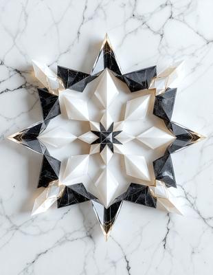 The primary subject of the image is a white and black star-shaped design, which is likely a paper or cardboard cutout. The setting is a white marble surface, which serves as the background for the star. The visual style of the image is a combination of photo and digital art, as it appears to be a photograph of a paper cutout. The colors and mood of the image are predominantly white and black, giving it a clean and minimalist appearance.