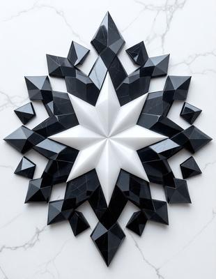The primary subject of the image is a black and white geometric design, which appears to be a pattern or a decorative piece. The setting is a white marble surface, which serves as the background for the design. The visual style of the image is a combination of digital art and illustration, creating a unique and intricate pattern. The colors and mood of the image are predominantly black and white, giving it a classic and timeless appearance.