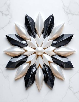 The primary subject of the image is a white and black flower made of marble. The setting is a white marble surface, which serves as the background. The visual style is a combination of digital art and illustration, creating a unique and intricate design. The dominant colors are white and black, giving the flower a striking and elegant appearance.