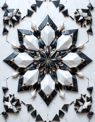 The primary subject of the image is a large, intricate, and colorful design made of white and black tiles. The design features a pattern of interlocking diamond shapes, creating a visually striking and unique piece of art. The setting is a white wall, which serves as a clean and uncluttered backdrop for the artwork. The visual style of the image is a combination of digital art and illustration, showcasing the artist's skill in creating a complex and detailed pattern. The colors and mood