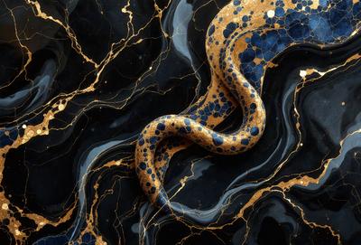 The primary subject of the image is a snake, which is the main object, scene, or focus of the image. The snake is coiled and appears to be made of gold and blue colors. The setting or background of the image is a black marble surface, which provides a contrasting backdrop for the snake. The visual style of the image is a combination of photo and digital art, creating a unique and intriguing appearance. The colors and mood of the image are predominantly dark and mysterious, with