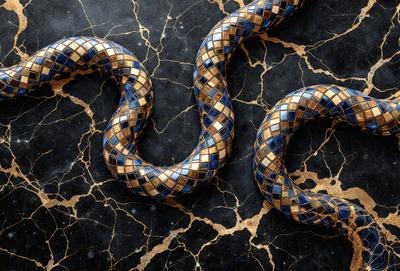 The primary subject of the image is a snake, which is the main object, scene, or focus of the image. The snake is coiled and appears to be made of gold and blue materials. The setting or background of the image is a black and gold surface, which adds to the visual style of the photo. The overall atmosphere of the image is intriguing and captivating, as the snake's unique appearance and the contrasting colors create a striking visual effect.