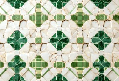 The primary subject of the image is a green and white tile pattern. The setting is a wall with a green and white tile design. The visual style is a close-up of the tile pattern, showcasing the intricate details of the design. The colors and mood of the image are vibrant and lively, with the green and white tiles creating a fresh and inviting atmosphere.