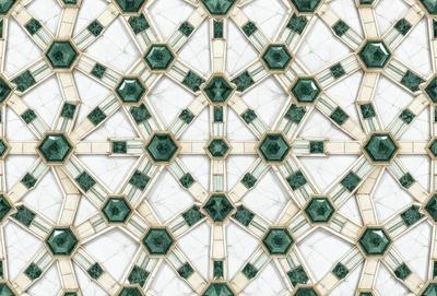 The primary subject of the image is a patterned design featuring green and white colors. The setting is a white background, and the visual style appears to be a combination of digital art and illustration. The dominant colors are green and white, creating a calm and soothing atmosphere.