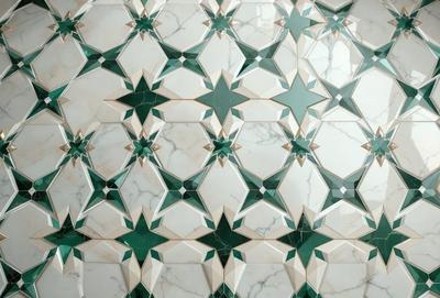 The primary subject of the image is a marble wall with a pattern of stars. The setting is a room with a white marble wall, and the visual style is a close-up of the marble wall. The colors and mood of the image are predominantly white and green, giving it a clean and fresh appearance.