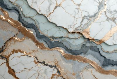 The primary subject of the image is a marble countertop with a gold-colored vein running through it. The setting is a kitchen, and the visual style is a close-up of the marble countertop. The colors and mood of the image are predominantly gold and earthy tones, giving it a luxurious and natural feel.