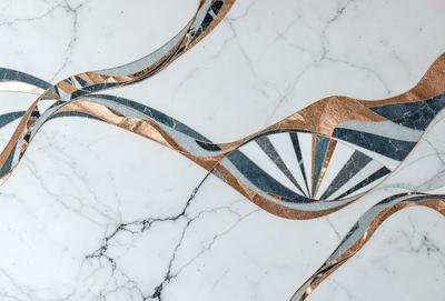 The primary subject of the image is a marble tile with a gold pattern on it. The setting is a white marble countertop, and the visual style is a combination of a photo and digital art. The dominant colors are white and gold, creating a luxurious and elegant atmosphere.