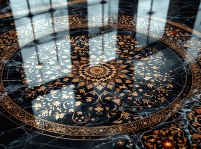 The primary subject of the image is a decorative tile floor with a circular pattern. The setting is a room with a window, and the visual style appears to be a combination of a photo and digital art. The colors and mood of the image are predominantly dark, with the tile floor being the main focus.