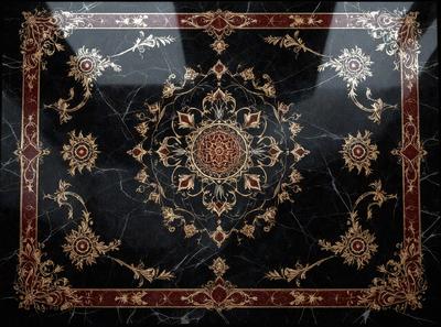 The primary subject of the image is a decorative design on a marble surface. The setting is a room with a marble floor, and the visual style appears to be a combination of a photo and digital art. The colors and mood of the image are predominantly dark, with a focus on the intricate design and patterns.