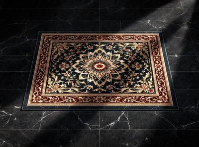 The primary subject of the image is a beautifully designed rug with a floral pattern. The rug is placed on a black marble floor, which serves as the setting for the scene. The visual style of the image is a photo, capturing the intricate details of the rug and the floor. The colors and mood of the image are predominantly black and white, giving it a classic and elegant appearance.