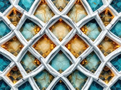 The primary subject of the image is a patterned design featuring a mix of blue, yellow, and white colors. The setting is a white and blue glass wall, which serves as the background. The visual style is a combination of digital art and illustration, creating a unique and intricate pattern. The colors and mood of the image are vibrant and lively, with the blue and yellow hues creating a sense of warmth and energy.