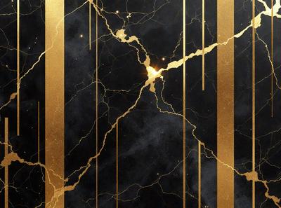 The primary subject of the image is a black and gold marble wall with a crack in it. The setting is a dark room, and the visual style is a combination of photo and digital art. The dominant colors are black, gold, and a few other shades of gold. The overall atmosphere is dramatic and artistic.