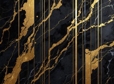 The primary subject of the image is a marble wall with gold accents. The setting is a black and gold marble wall, which serves as the background. The visual style is a combination of a photo and digital art, creating a unique and intricate pattern. The dominant colors are black and gold, giving the image a luxurious and elegant atmosphere.