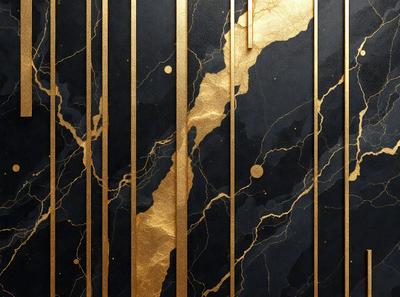 The primary subject of the image is a marble table with a gold border. The table is adorned with a black marble top, and there are gold stripes on the sides. The setting is a room with a black background, which contrasts with the gold and black marble table. The visual style is a combination of digital art and illustration, creating a unique and elegant design. The colors and mood of the image are predominantly black and gold, giving it a luxurious and sophisticated appearance.