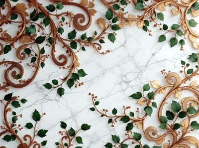 The primary subject of the image is a marble wall with a decorative design featuring leaves and gold accents. The setting is a room with a white marble surface, which serves as the background. The visual style is a combination of digital art and illustration, creating a unique and intricate pattern. The colors and mood of the image are predominantly white and gold, giving it a luxurious and elegant appearance.