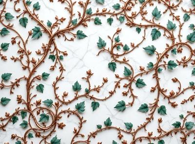 The primary subject of the image is a decorative design featuring a tree with green leaves. The setting is a white marble wall, and the visual style is a combination of digital art and illustration. The dominant colors are green and white, creating a serene and natural atmosphere.