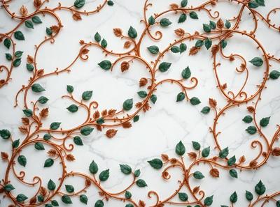The primary subject of the image is a decorative design featuring leaves and branches. The setting is a white marble wall, which serves as the backdrop for the intricate pattern. The visual style is a combination of digital art and illustration, creating a unique and artistic appearance. The dominant colors are green and brown, giving the design a natural and earthy feel.