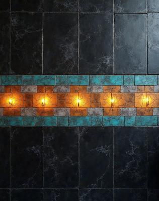 The primary subject of the image is a row of lit candles on a black tile wall. The setting is a bathroom, with the candles placed on a black tile wall. The visual style is a photo, capturing the lit candles and the black tile wall. The colors and mood of the image are predominantly black and white, with the lit candles providing a warm and inviting atmosphere.