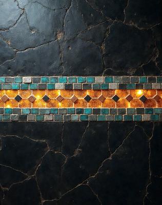 The primary subject of the image is a mosaic tile floor with a blue and orange color scheme. The setting is a room with a black surface, possibly a countertop or a table. The visual style is a close-up of the tile floor, showcasing the intricate design and colors. The colors and mood of the image are vibrant and lively, with the blue and orange tiles creating a warm and inviting atmosphere.