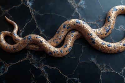 The primary subject of the image is a snake, which is coiled and appears to be made of gold and blue materials. The snake is resting on a black surface, which could be a table or a wall. The visual style of the image is a combination of photo and digital art, creating a unique and eye-catching representation of the snake. The colors and mood of the image are predominantly dark and mysterious, with the gold and blue snake contrasting against the black background.