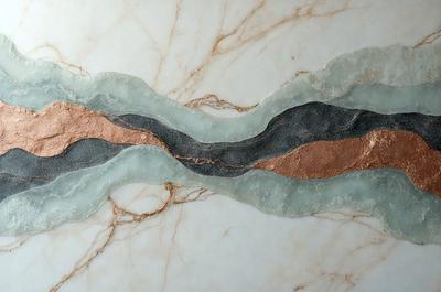 The primary subject of the image is a marble countertop with a design that resembles a river. The countertop is made of marble and features a pattern that looks like a river. The setting is a kitchen or bathroom, as the countertop is a part of the counter. The visual style is a combination of natural elements and artistic design, creating a unique and visually appealing surface. The colors and mood of the image are predominantly neutral, with the marble providing a sense of elegance and s