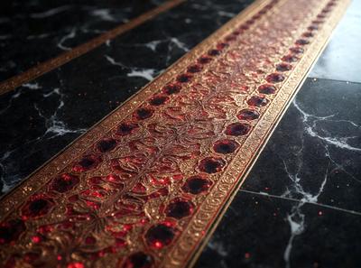 The primary subject of the image is a decorative, gold-colored, and red-lined carpet. The carpet is placed on a black marble floor, which serves as the setting for the scene. The visual style of the image is a close-up of the carpet, showcasing its intricate design and colors. The dominant colors in the image are gold, red, and black, creating a luxurious and elegant atmosphere.