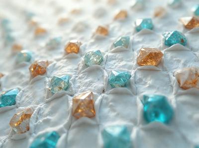 The primary subject of the image is a close-up of a white surface with a pattern of blue and yellow beads. The setting appears to be a white background, and the visual style is a close-up of the beads on the surface. The colors and mood of the image are predominantly blue and yellow, creating a vibrant and lively atmosphere.