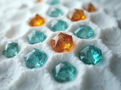 The primary subject of the image is a close-up of a white surface with a pattern of green and orange gems. The setting appears to be a snowy environment, as the surface is described as snow. The visual style of the image is a close-up of the snowy surface with the gems, creating a unique and interesting pattern. The colors and mood of the image are predominantly white and cold, with the green and orange gems adding a touch of warmth and vibrancy to the scene.