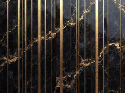 The primary subject of the image is a marble wall with gold stripes. The setting is a black background, and the visual style appears to be a pattern or texture. The dominant colors are black and gold, creating a luxurious and elegant atmosphere.