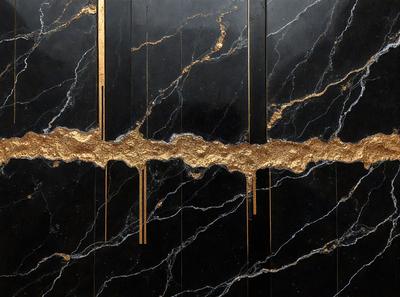 The primary subject of the image is a black marble wall with gold accents. The setting is a room with a black marble countertop. The visual style is a close-up of the marble wall, showcasing the gold accents. The colors and mood of the image are dark and luxurious, with the gold accents adding a touch of elegance and sophistication.