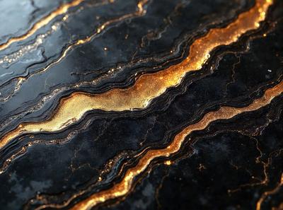 The primary subject of the image is a close-up of a black and gold marbled surface. The setting is a dark background, which contrasts with the vibrant colors of the marbled surface. The visual style appears to be a combination of a photo and a digital art or illustration, as the colors and patterns are intricate and detailed. The dominant colors are black, gold, and possibly some shades of brown, creating a rich and luxurious atmosphere.