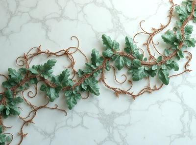 The primary subject of the image is a large, intricate, and decorative plant arrangement. The plant is made up of multiple green leaves and stems, creating a visually appealing and artistic display. The setting is a white marble wall, which serves as a striking backdrop for the plant arrangement. The visual style of the image is a combination of digital art and illustration, showcasing the detailed craftsmanship of the plant design. The colors and mood of the image are predominantly green, which adds