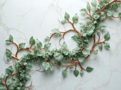 The primary subject of the image is a large, intricate, and artistic arrangement of greenery, resembling a tree or a vine, with leaves and branches. The setting is a white marble wall, which serves as a striking backdrop for the greenery. The visual style is a combination of photo and digital art, creating a realistic yet artistic representation of the plant. The colors are predominantly green, with some variations in shades, and the overall atmosphere is one of beauty and elegance.