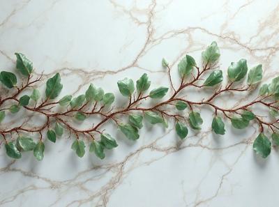The primary subject of the image is a large, long, and curved branch with green leaves. The branch is displayed on a white marble wall, which serves as the setting and background. The visual style of the image is a close-up of the branch, showcasing its intricate details. The colors and mood of the image are predominantly green, as the leaves are green, and the marble wall adds a sense of elegance and sophistication.