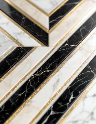 The primary subject of the image is a marble table with a gold trim. The table is adorned with a black and white marble pattern, giving it a luxurious and elegant appearance. The setting is a room with a black and white marble floor, which complements the table's design. The visual style of the image is a combination of photo and digital art, creating a high-quality and visually appealing presentation. The colors and mood of the image are predominantly black and white, with the gold