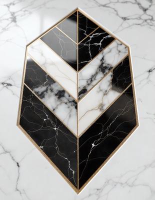 The primary subject of the image is a black and white marble tile. The setting is a white marble countertop, and the visual style is a close-up of the tile. The dominant colors are black and white, creating a classic and elegant atmosphere.