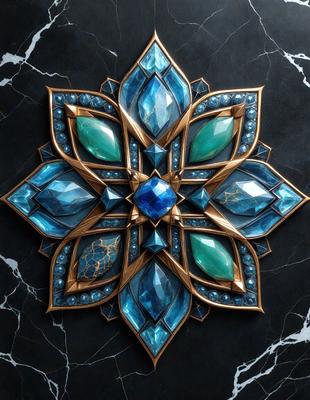 The primary subject of the image is a blue and gold flower, which is the main object, scene, or focus of the image. The setting is a black background, which contrasts with the vibrant colors of the flower. The visual style is a digital art or illustration, as the flower is depicted in a detailed and intricate manner. The dominant colors are blue and gold, creating a sense of elegance and sophistication.
