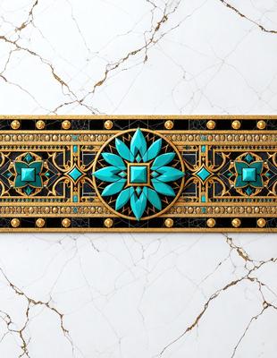 The primary subject of the image is a decorative piece featuring a blue flower design. The setting is a white marble surface, which serves as the background for the artwork. The visual style of the image is a combination of digital art and illustration, creating a unique and eye-catching design. The dominant colors in the image are blue and gold, giving the piece a luxurious and elegant appearance.