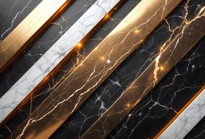 The primary subject of the image is a marble countertop with a gold and black pattern. The setting is a kitchen, and the visual style is a close-up of the marble countertop. The colors and mood of the image are predominantly gold and black, creating a luxurious and elegant atmosphere.