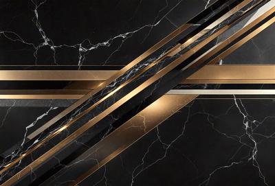 The primary subject of the image is a marble countertop with a patterned design. The setting is a kitchen, and the visual style is a close-up of the marble countertop. The colors and mood of the image are predominantly black and gold, giving it a luxurious and elegant appearance.