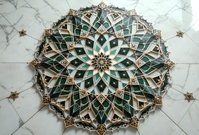 The primary subject of the image is a large, intricate, and colorful mosaic design. The mosaic features a central green circle, surrounded by various green and white patterns. The design is set against a white marble background, which adds to the elegance and sophistication of the piece. The visual style of the image is a combination of digital art and illustration, creating a unique and eye-catching pattern. The colors and mood of the image are predominantly green and white, giving it a