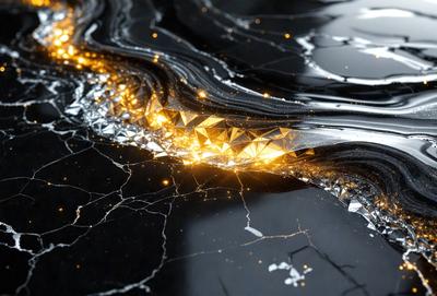 The primary subject of the image is a close-up of a diamond pattern on a black surface. The setting is a dark room, and the visual style appears to be a combination of a photo and digital art. The dominant colors are black and gold, creating a striking and luxurious atmosphere.
