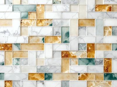 The primary subject of the image is a marble tile wall with a pattern of squares. The setting is a bathroom, and the visual style is a photo. The dominant colors are white and beige, creating a clean and elegant atmosphere.